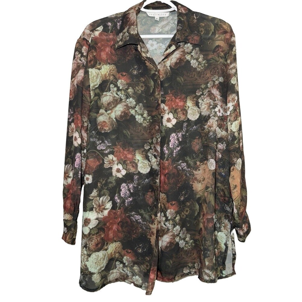 The Limited Petite Medium Floral Tunic Blouse Dark Romantic Button Front Sheer